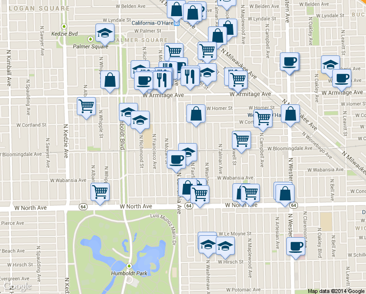 map of restaurants, bars, coffee shops, grocery stores, and more near 1820 North Fairfield Avenue in Chicago