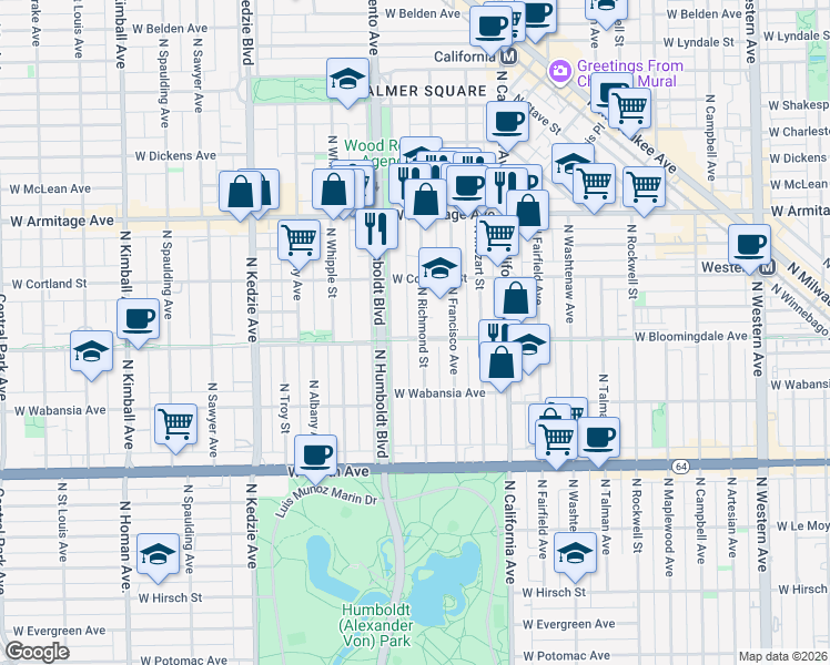 map of restaurants, bars, coffee shops, grocery stores, and more near 1816 North Richmond Street in Chicago