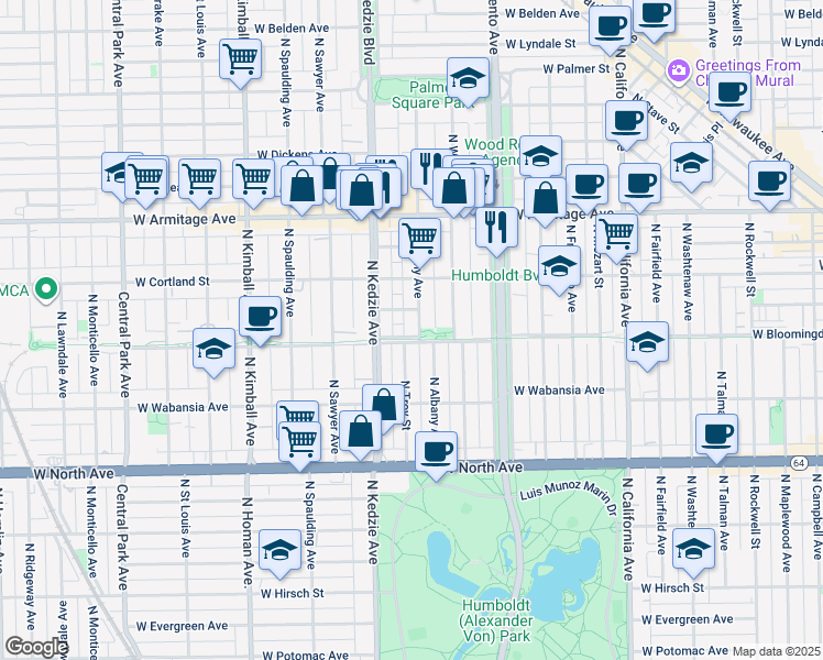 map of restaurants, bars, coffee shops, grocery stores, and more near 1827 North Albany Avenue in Chicago