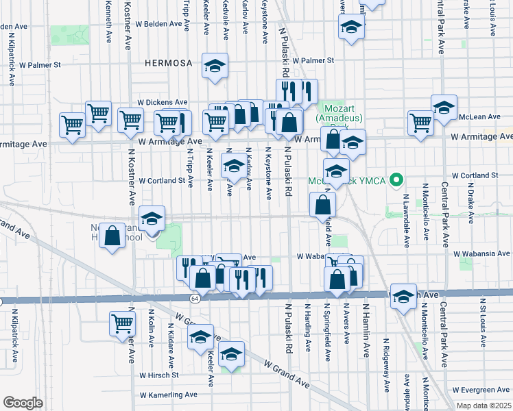 map of restaurants, bars, coffee shops, grocery stores, and more near 1828 North Karlov Avenue in Chicago