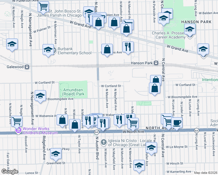 map of restaurants, bars, coffee shops, grocery stores, and more near 5926 West Cortland Street in Chicago