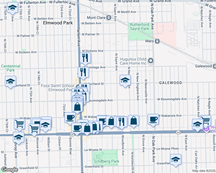 map of restaurants, bars, coffee shops, grocery stores, and more near 1900 North Nordica Avenue in Chicago