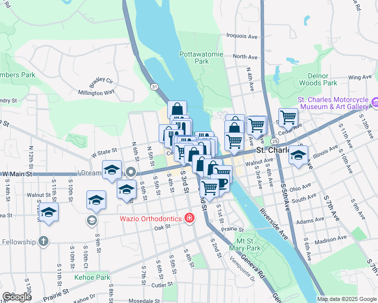 map of restaurants, bars, coffee shops, grocery stores, and more near 200 North 2nd Street in St. Charles