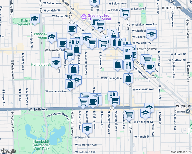 map of restaurants, bars, coffee shops, grocery stores, and more near 1819 North Talman Avenue in Chicago