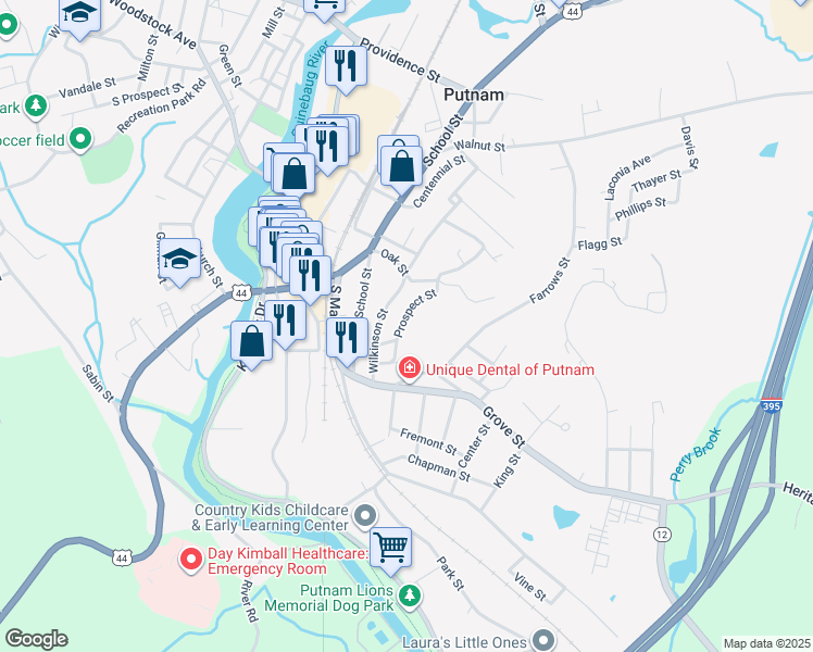 map of restaurants, bars, coffee shops, grocery stores, and more near 29 Prospect Street in Putnam