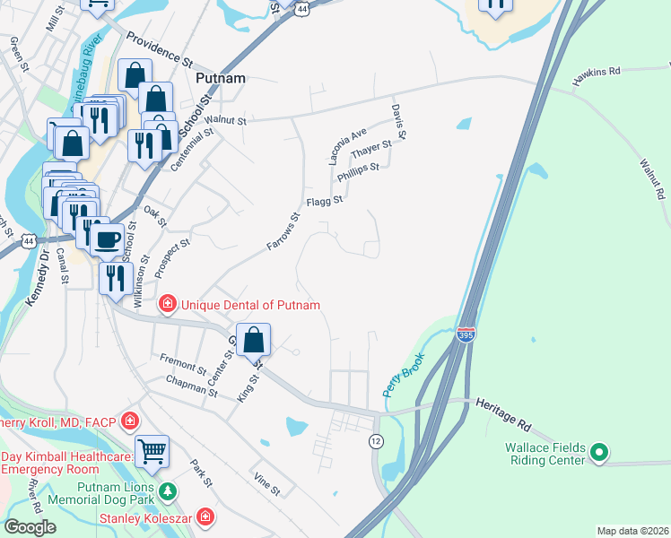 map of restaurants, bars, coffee shops, grocery stores, and more near 84 Perry Street in Putnam