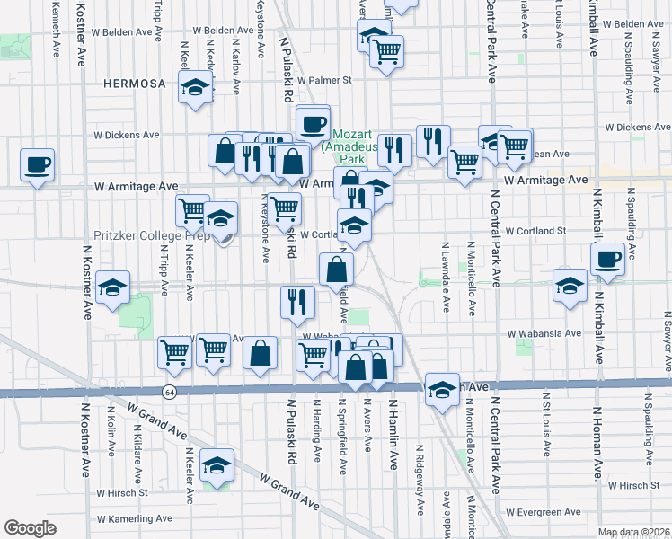 map of restaurants, bars, coffee shops, grocery stores, and more near 1828 North Springfield Avenue in Chicago