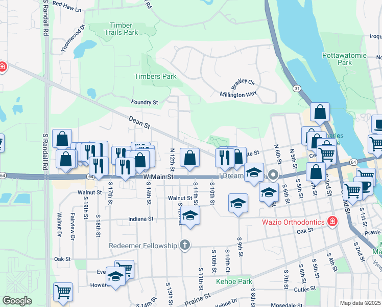 map of restaurants, bars, coffee shops, grocery stores, and more near 37 North 11th Street in St. Charles