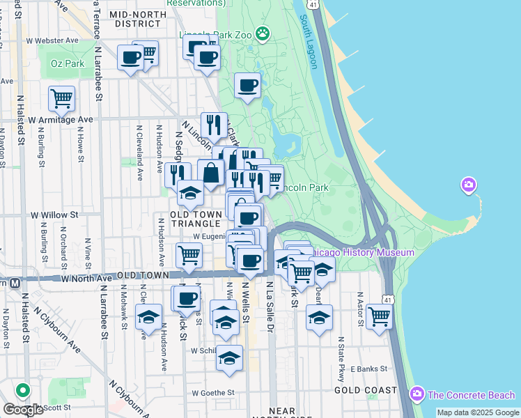 map of restaurants, bars, coffee shops, grocery stores, and more near 1750 North Clark Street in Chicago