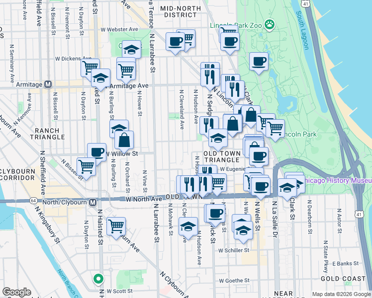 map of restaurants, bars, coffee shops, grocery stores, and more near 447 West Menomonee Street in Chicago