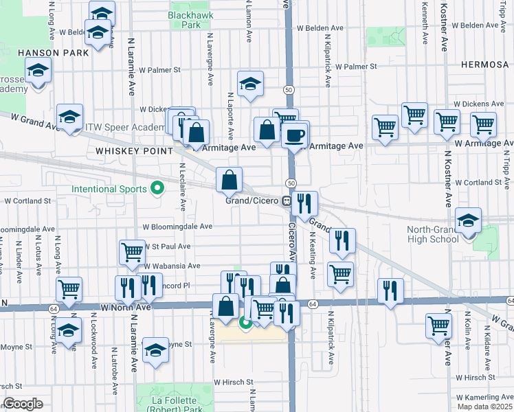 map of restaurants, bars, coffee shops, grocery stores, and more near 1850 North La Crosse Avenue in Chicago