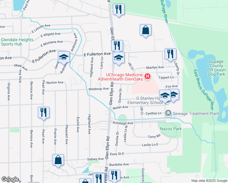 map of restaurants, bars, coffee shops, grocery stores, and more near 1493 Glen Ellyn Road in Glendale Heights