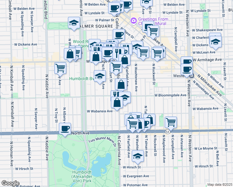 map of restaurants, bars, coffee shops, grocery stores, and more near 1818 North California Avenue in Chicago