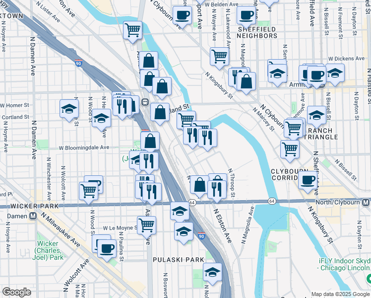 map of restaurants, bars, coffee shops, grocery stores, and more near 1747 North Elston Avenue in Chicago