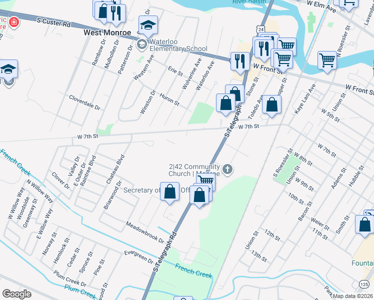 map of restaurants, bars, coffee shops, grocery stores, and more near 1455-1643 West 7th Street in Monroe