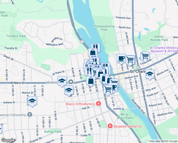 map of restaurants, bars, coffee shops, grocery stores, and more near 110 North 3rd Street in St. Charles
