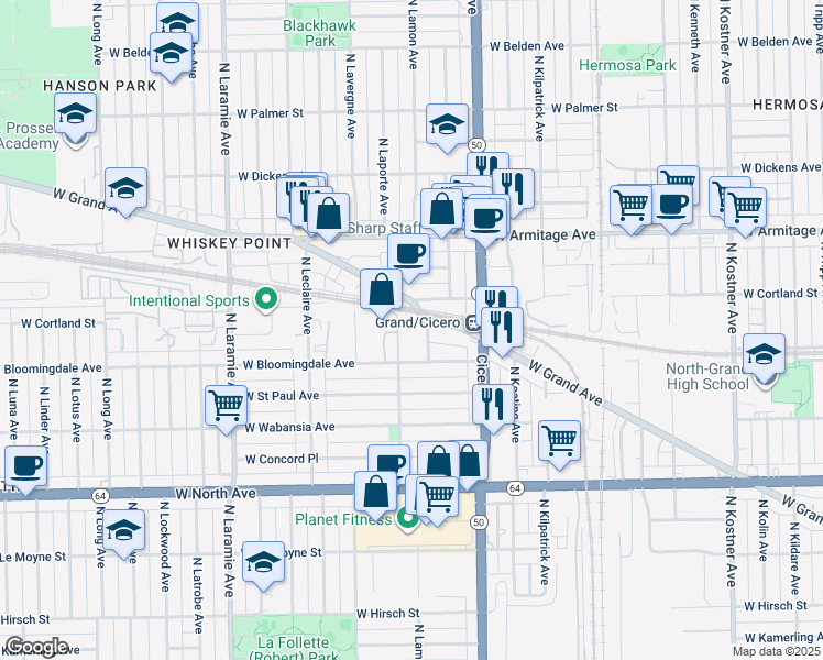 map of restaurants, bars, coffee shops, grocery stores, and more near 1850 North La Crosse Avenue in Chicago