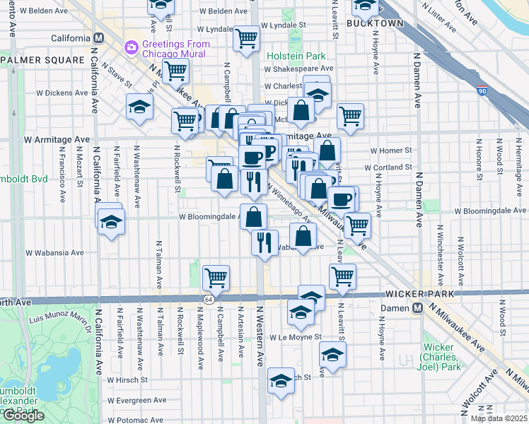 map of restaurants, bars, coffee shops, grocery stores, and more near 2352 West Bloomingdale Avenue in Chicago
