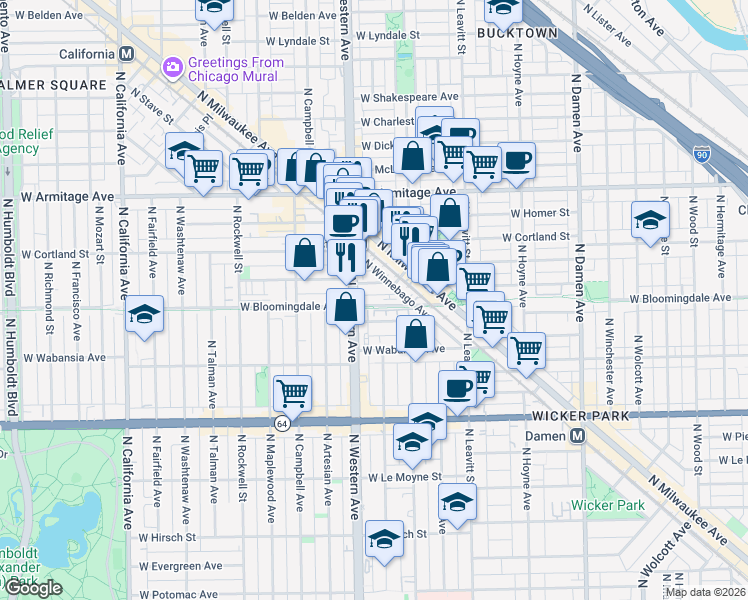 map of restaurants, bars, coffee shops, grocery stores, and more near 2357 West Moffat Street in Chicago