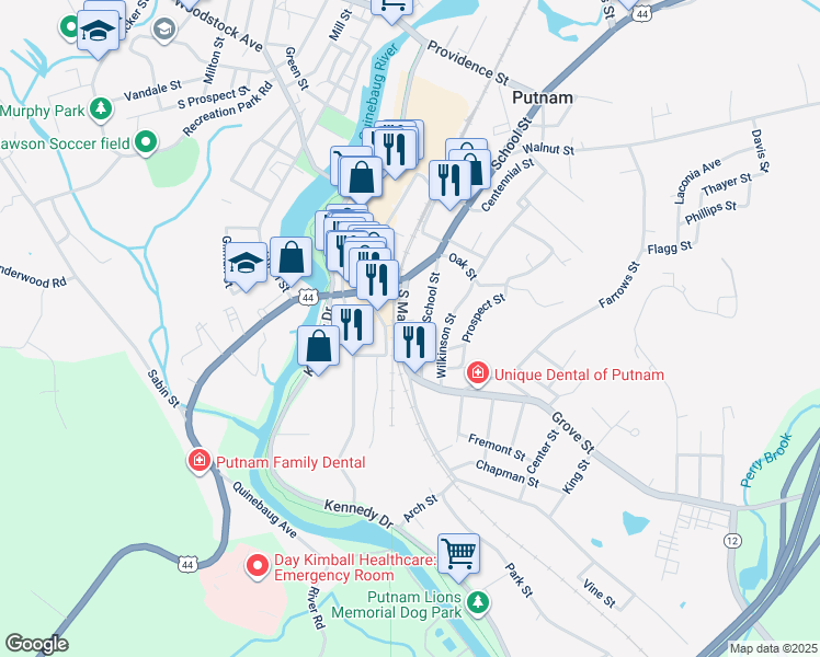 map of restaurants, bars, coffee shops, grocery stores, and more near 52 School Street in Putnam