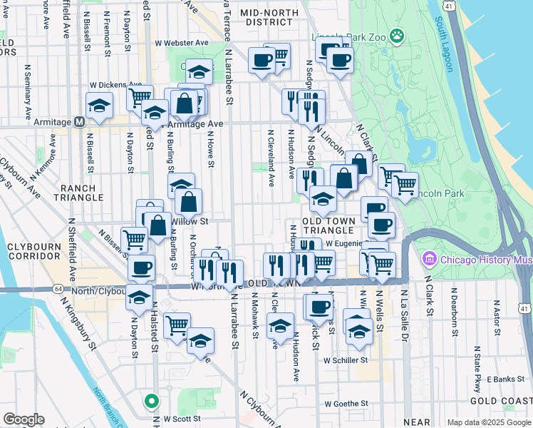map of restaurants, bars, coffee shops, grocery stores, and more near 1757 North Mohawk Street in Chicago