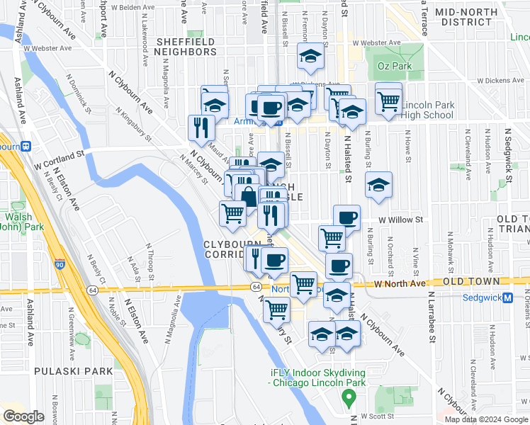 map of restaurants, bars, coffee shops, grocery stores, and more near 1827 North Clybourn Avenue in Chicago