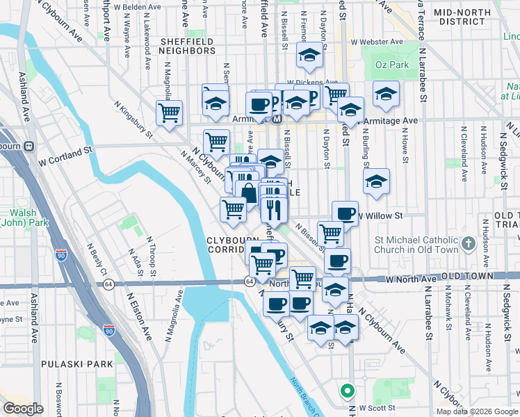 map of restaurants, bars, coffee shops, grocery stores, and more near 1817 North Clybourn Avenue in Chicago