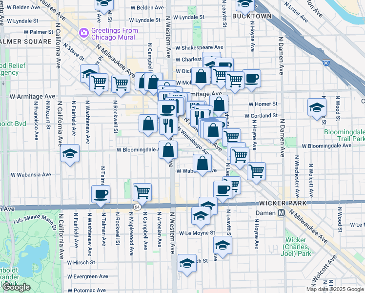 map of restaurants, bars, coffee shops, grocery stores, and more near 2357 West Moffat Street in Chicago