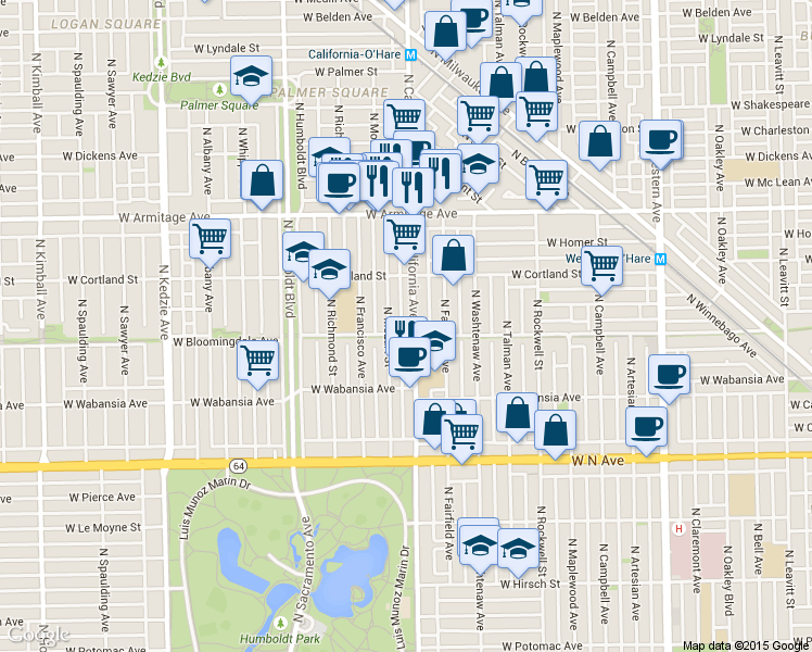 map of restaurants, bars, coffee shops, grocery stores, and more near 1818 North California Avenue in Chicago