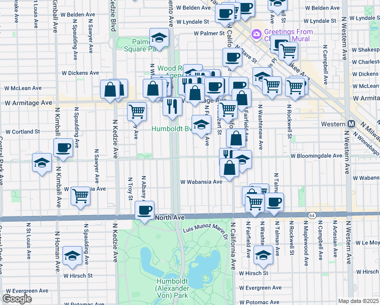 map of restaurants, bars, coffee shops, grocery stores, and more near 1816 North Richmond Street in Chicago