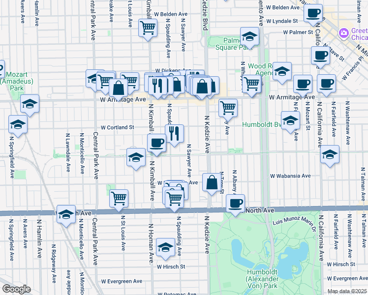 map of restaurants, bars, coffee shops, grocery stores, and more near 1823 North Spaulding Avenue in Chicago
