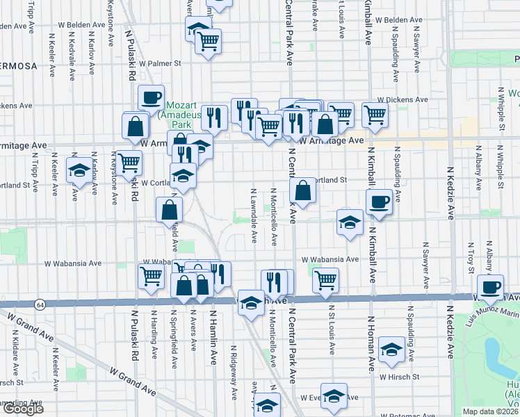map of restaurants, bars, coffee shops, grocery stores, and more near 1824 North Monticello Avenue in Chicago
