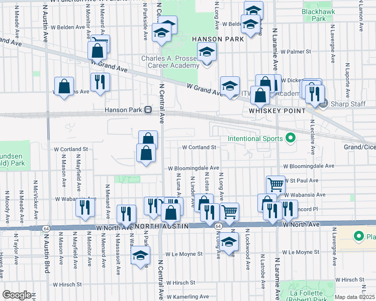 map of restaurants, bars, coffee shops, grocery stores, and more near 5506 West Cortland Street in Chicago