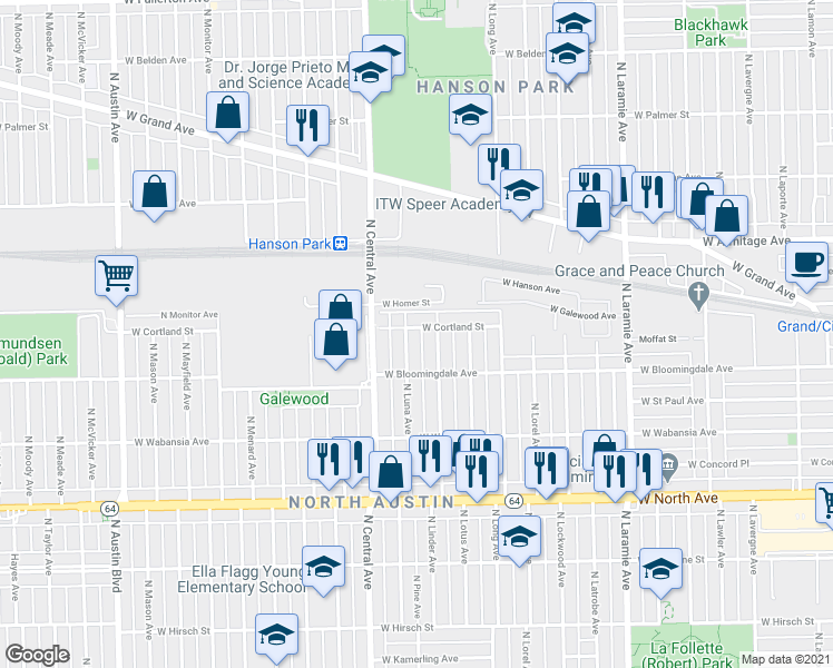 map of restaurants, bars, coffee shops, grocery stores, and more near 5506 West Cortland Street in Chicago