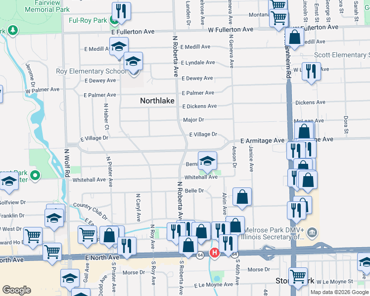 map of restaurants, bars, coffee shops, grocery stores, and more near 308 Armitage Avenue in Northlake