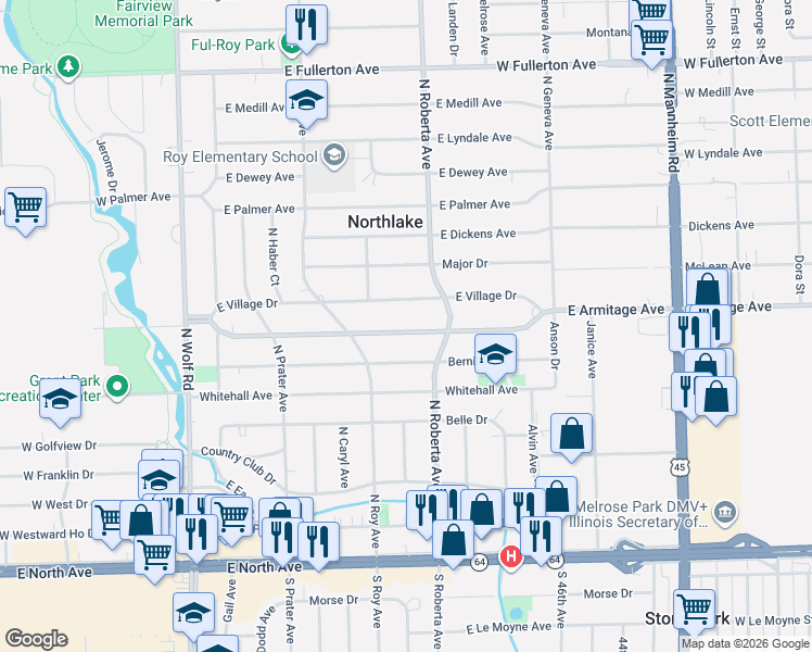 map of restaurants, bars, coffee shops, grocery stores, and more near 237 East Village Drive in Northlake