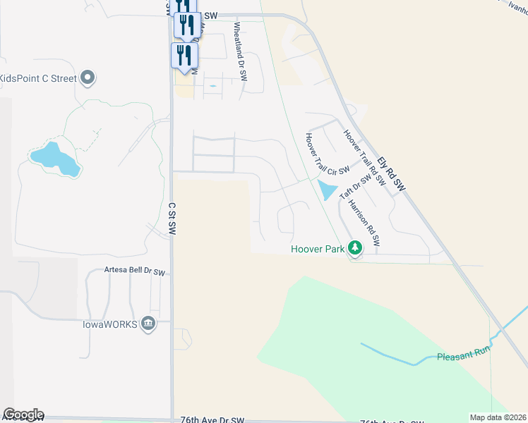 map of restaurants, bars, coffee shops, grocery stores, and more near 1607 Prairie Rose Drive Southwest in Cedar Rapids