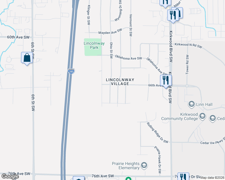 map of restaurants, bars, coffee shops, grocery stores, and more near 6601 Ohio Street Southwest in Cedar Rapids