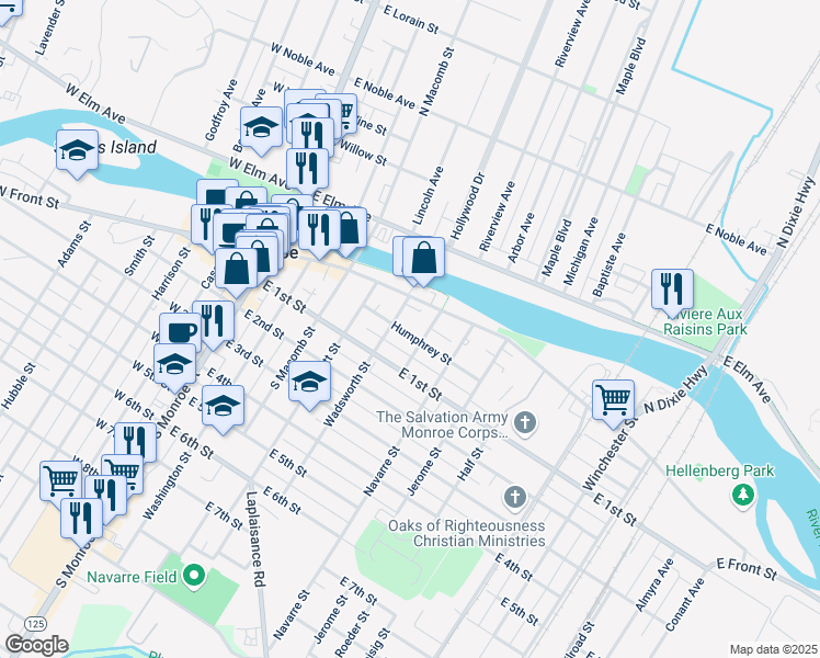 map of restaurants, bars, coffee shops, grocery stores, and more near 427 Humphrey Street in Monroe