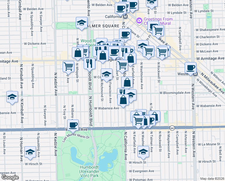 map of restaurants, bars, coffee shops, grocery stores, and more near 1819 North Francisco Avenue in Chicago