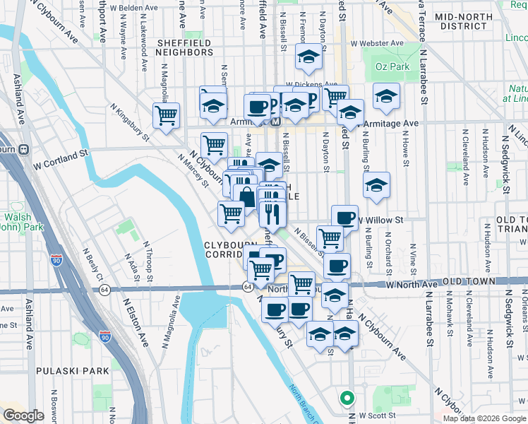 map of restaurants, bars, coffee shops, grocery stores, and more near 1827 North Clybourn Avenue in Chicago