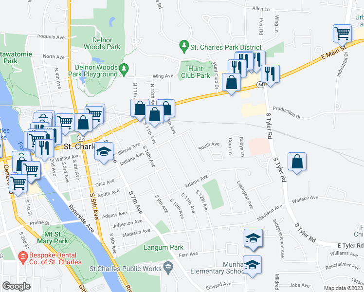 map of restaurants, bars, coffee shops, grocery stores, and more near 401 South 13th Avenue in St. Charles