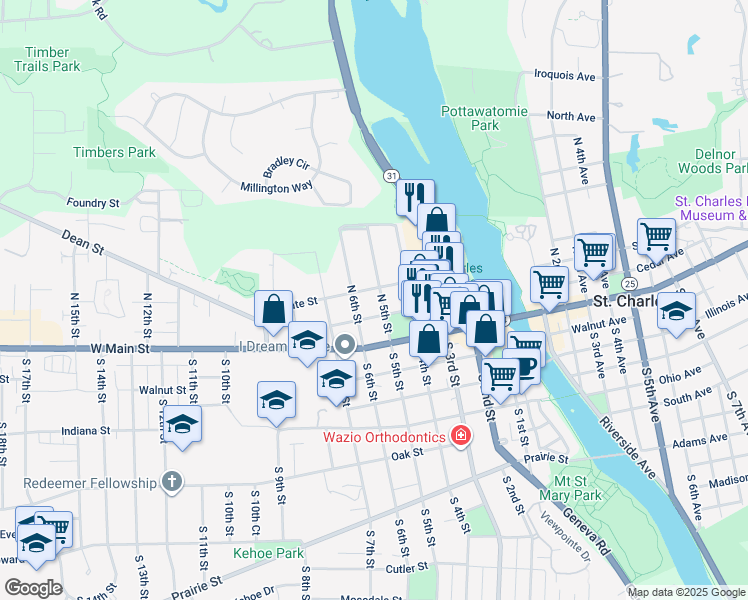 map of restaurants, bars, coffee shops, grocery stores, and more near 115 North 5th Street in Saint Charles