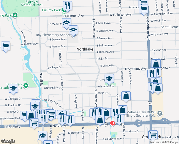 map of restaurants, bars, coffee shops, grocery stores, and more near 237 East Village Drive in Northlake