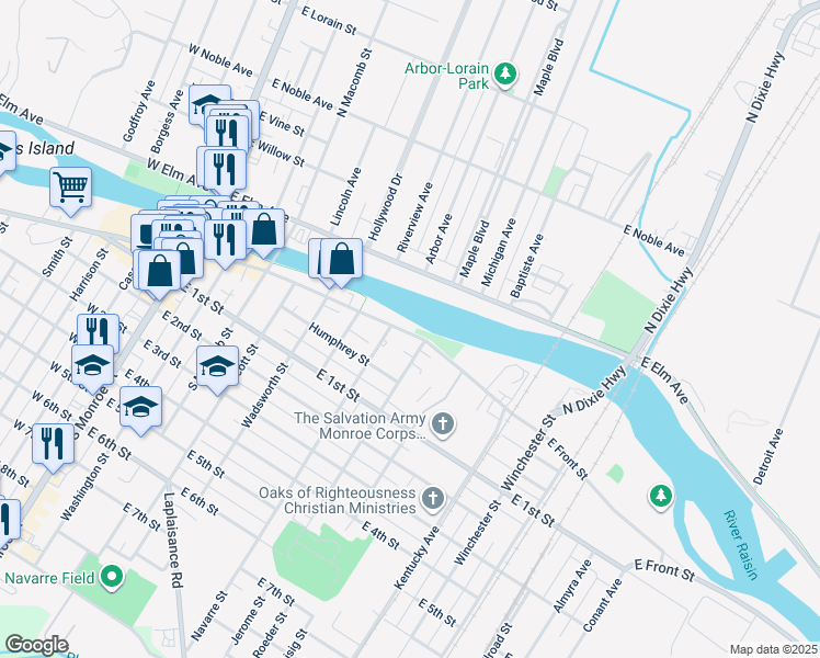 map of restaurants, bars, coffee shops, grocery stores, and more near 601 East Front Street in Monroe
