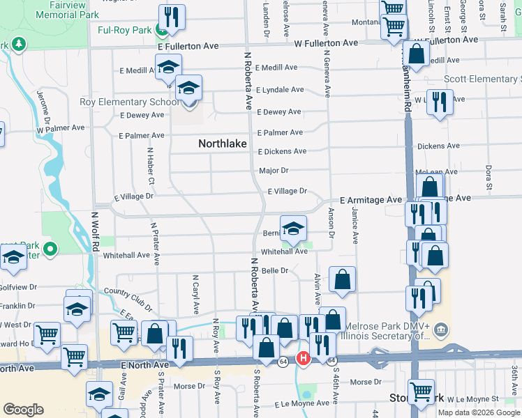 map of restaurants, bars, coffee shops, grocery stores, and more near 308 Armitage Avenue in Northlake