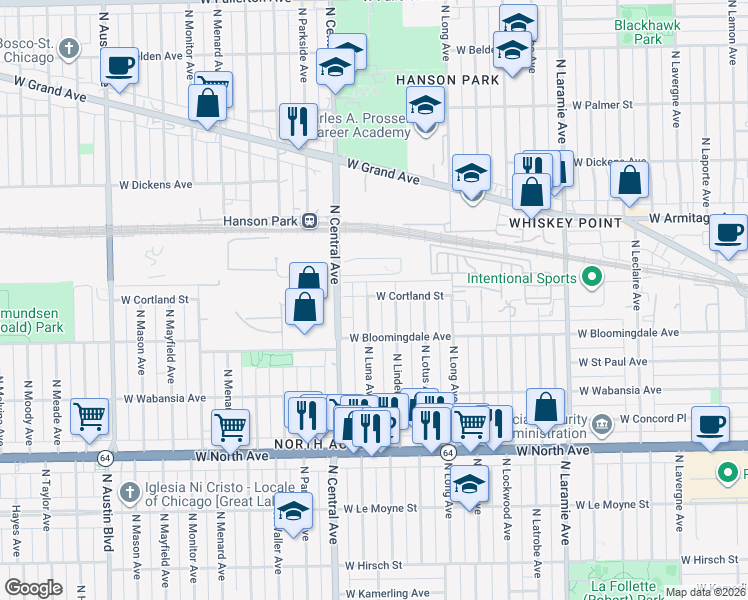 map of restaurants, bars, coffee shops, grocery stores, and more near 5506 West Cortland Street in Chicago
