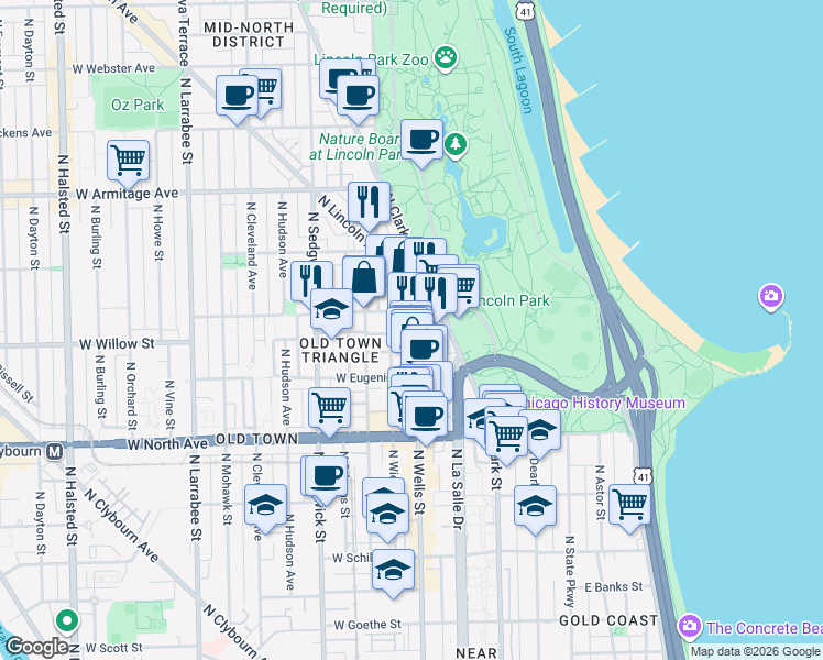 map of restaurants, bars, coffee shops, grocery stores, and more near 1746 North Wells Street in Chicago