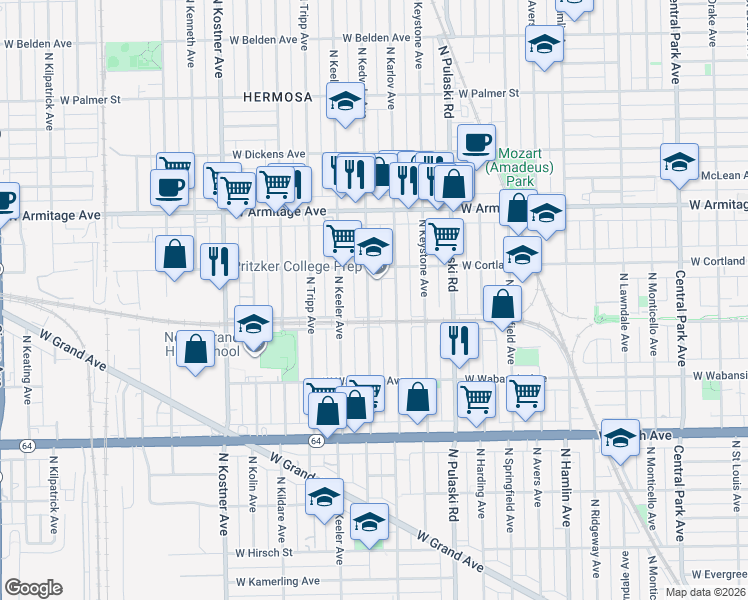 map of restaurants, bars, coffee shops, grocery stores, and more near 1830 North Kedvale Avenue in Chicago