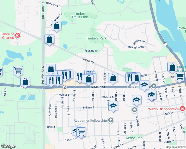 map of restaurants, bars, coffee shops, grocery stores, and more near 1360 Brook Street in St. Charles